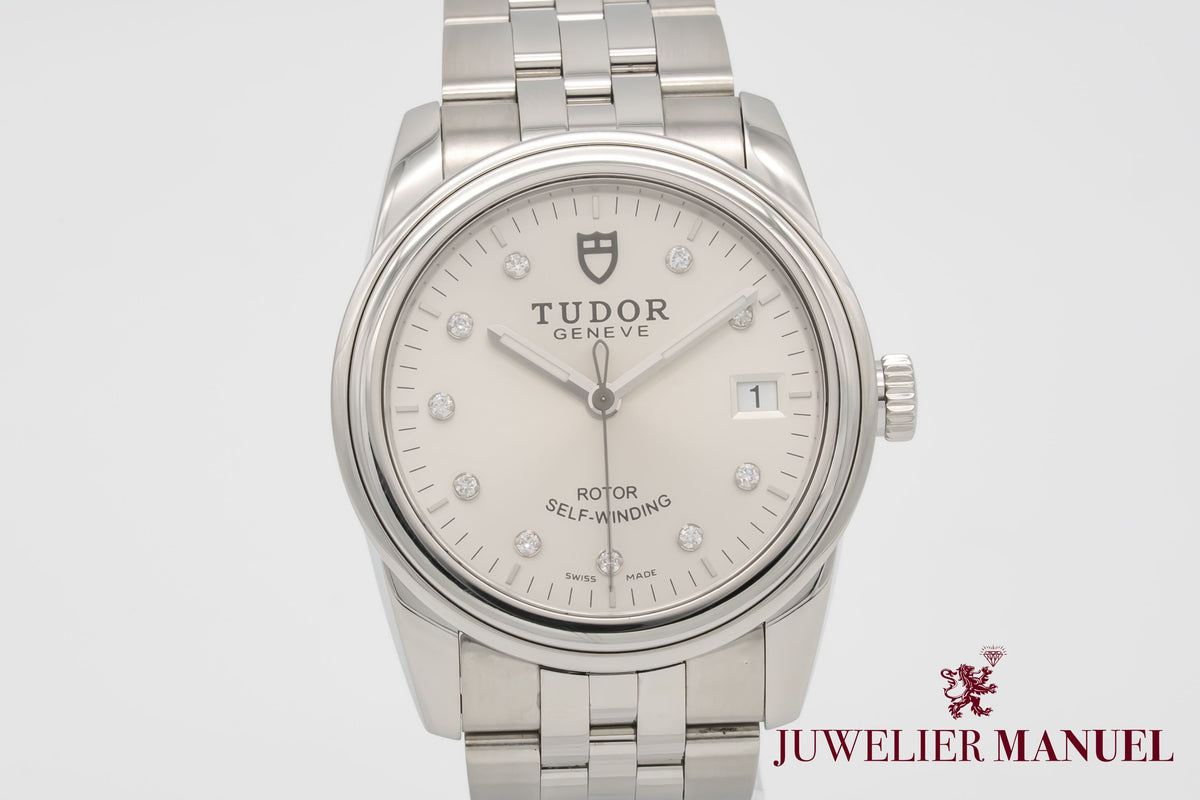 Tudor Glamour Date 55000 Factory Diamond Dial Stahl Automatik 36mm