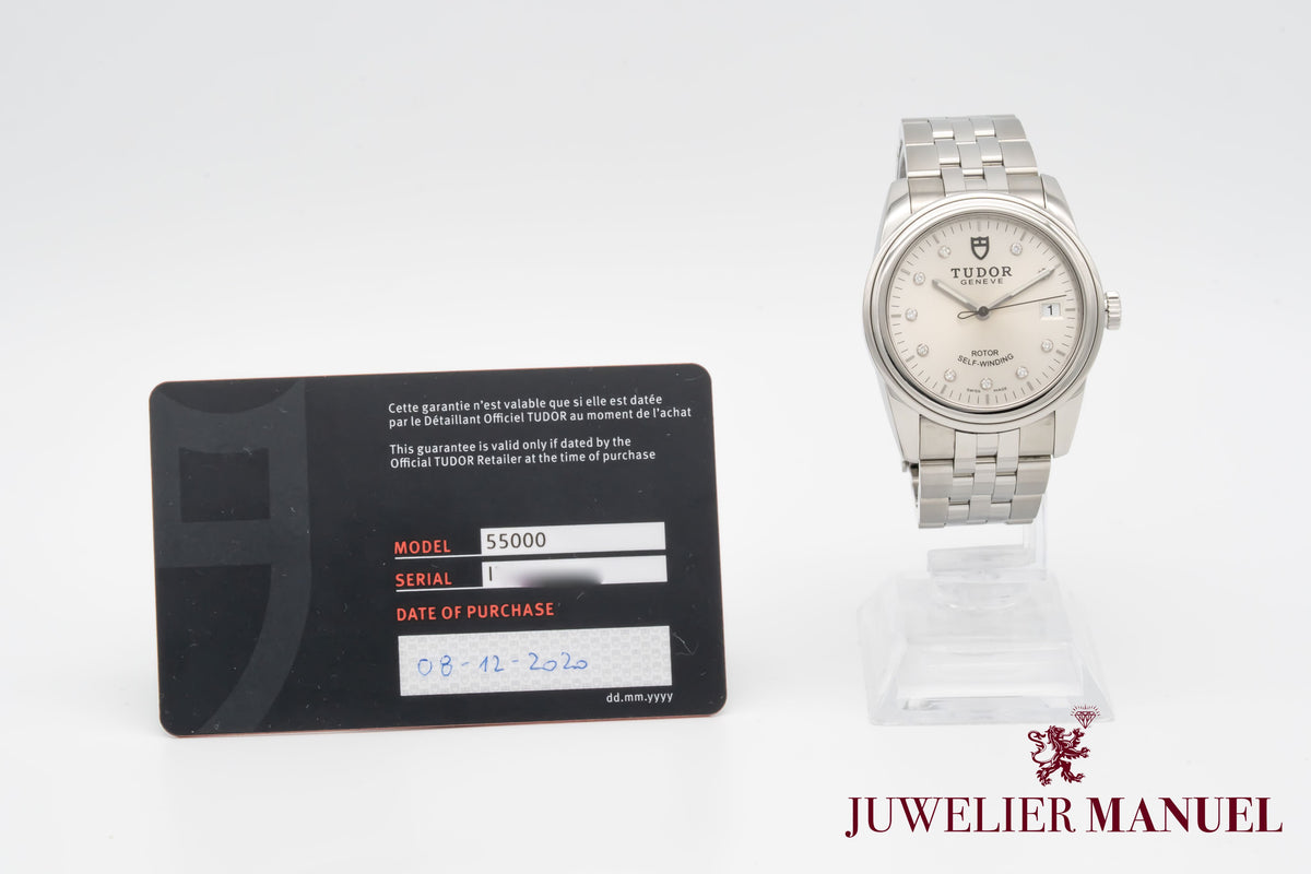 Tudor Glamour Date 55000 Factory Diamond Dial Stahl Automatik 36mm