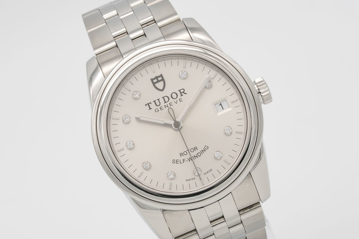 Tudor Glamour Date 55000 Factory Diamond Dial Stahl Automatik 36mm