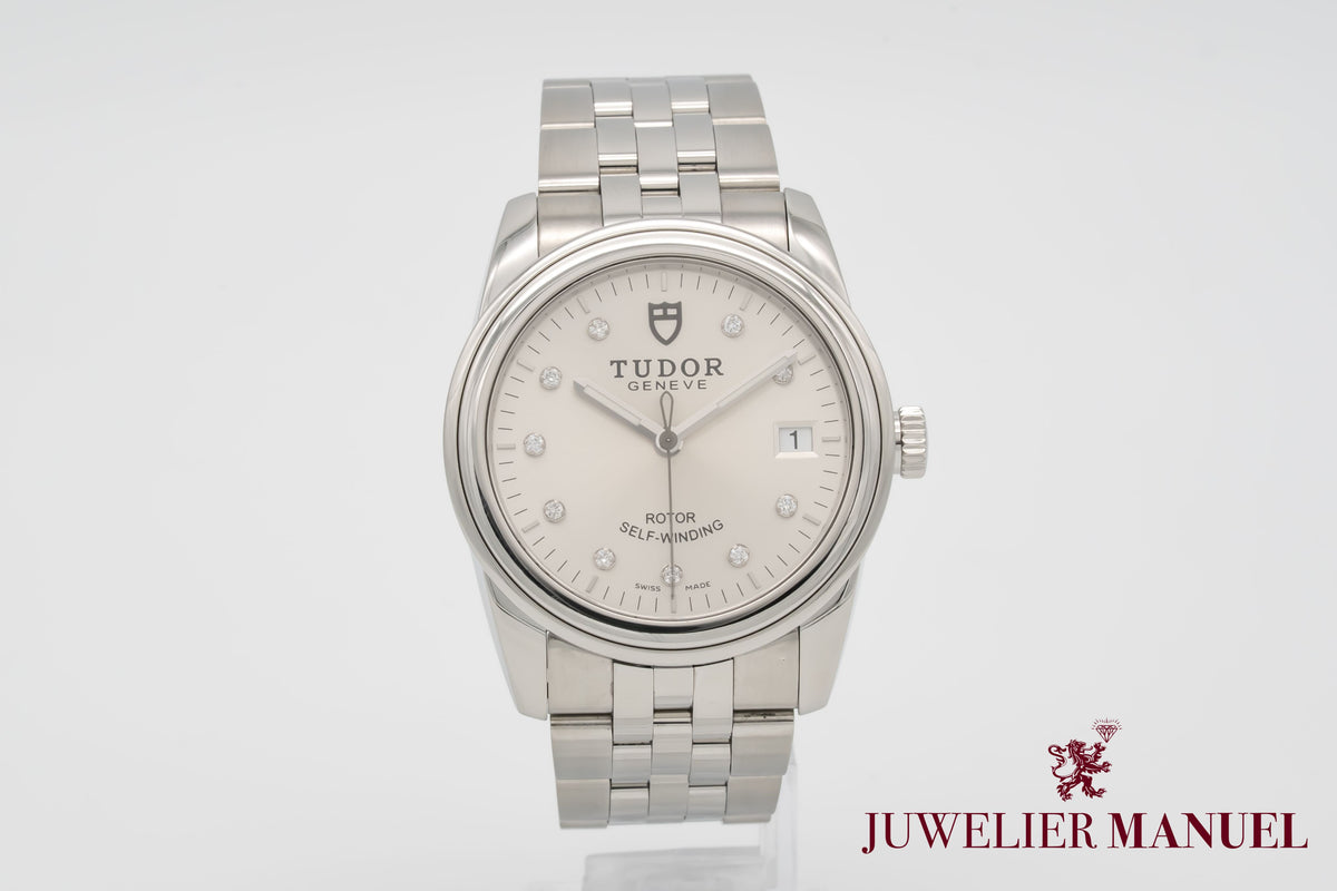 Tudor Glamour Date 55000 Factory Diamond Dial Stahl Automatik 36mm