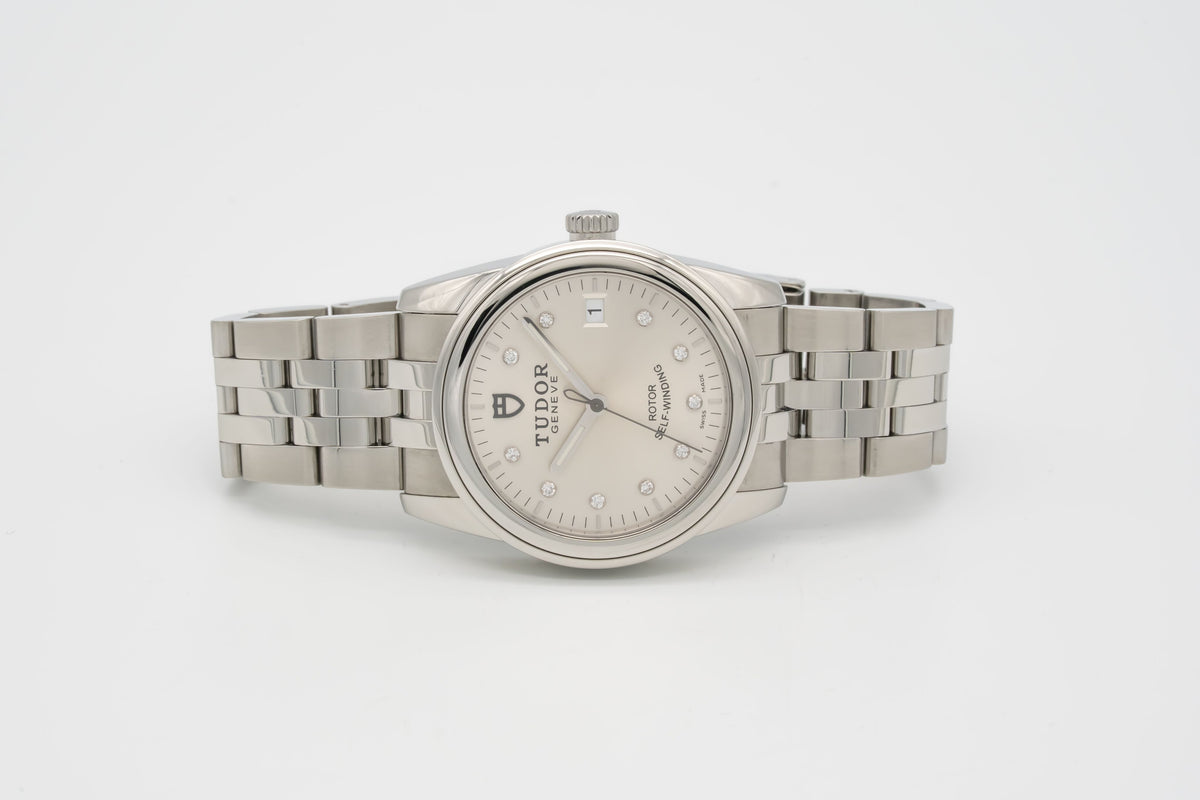 Tudor Glamour Date 55000 Factory Diamond Dial Stahl Automatik 36mm