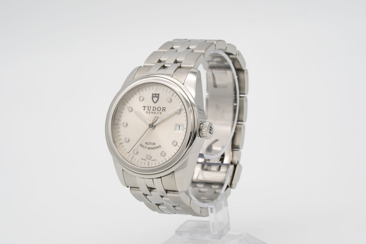 Tudor Glamour Date 55000 Factory Diamond Dial Stahl Automatik 36mm