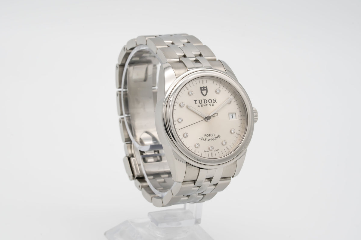 Tudor Glamour Date 55000 Factory Diamond Dial Stahl Automatik 36mm