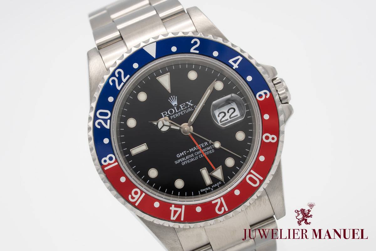 Rolex GMT-Master II 16710 Pepsi Rare Stick Dial Stahl Automatik 40mm Papers