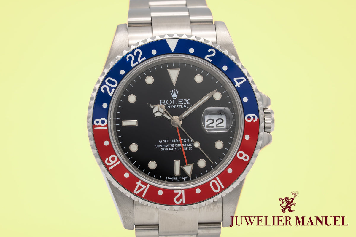 Rolex GMT-Master II 16710 Pepsi Rare Stick Dial Stahl Automatik 40mm Papers