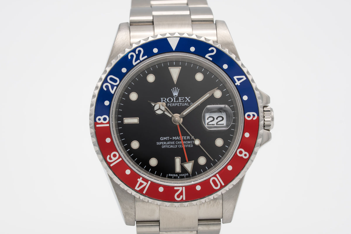 Rolex GMT-Master II 16710 Pepsi Rare Stick Dial Stahl Automatik 40mm Papers