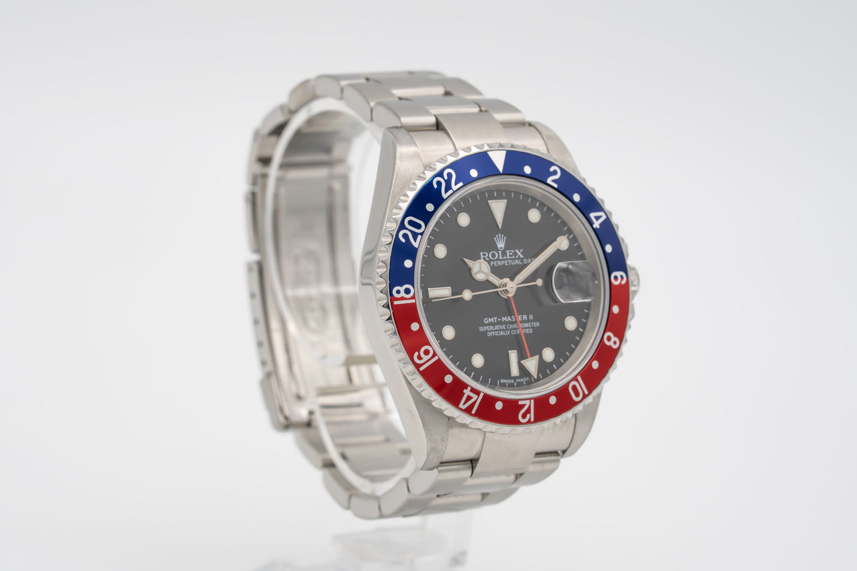 Rolex GMT-Master II 16710 Pepsi Rare Stick Dial Stahl Automatik 40mm Papers