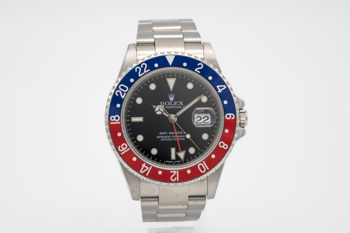 Rolex GMT-Master II 16710 Pepsi Rare Stick Dial Stahl Automatik 40mm Papers