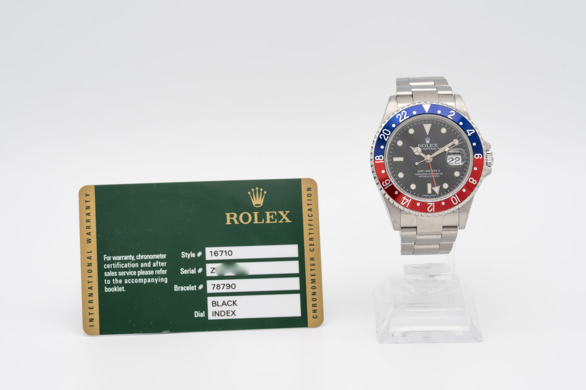 Rolex GMT-Master II 16710 Pepsi Rare Stick Dial Stahl Automatik 40mm Papers