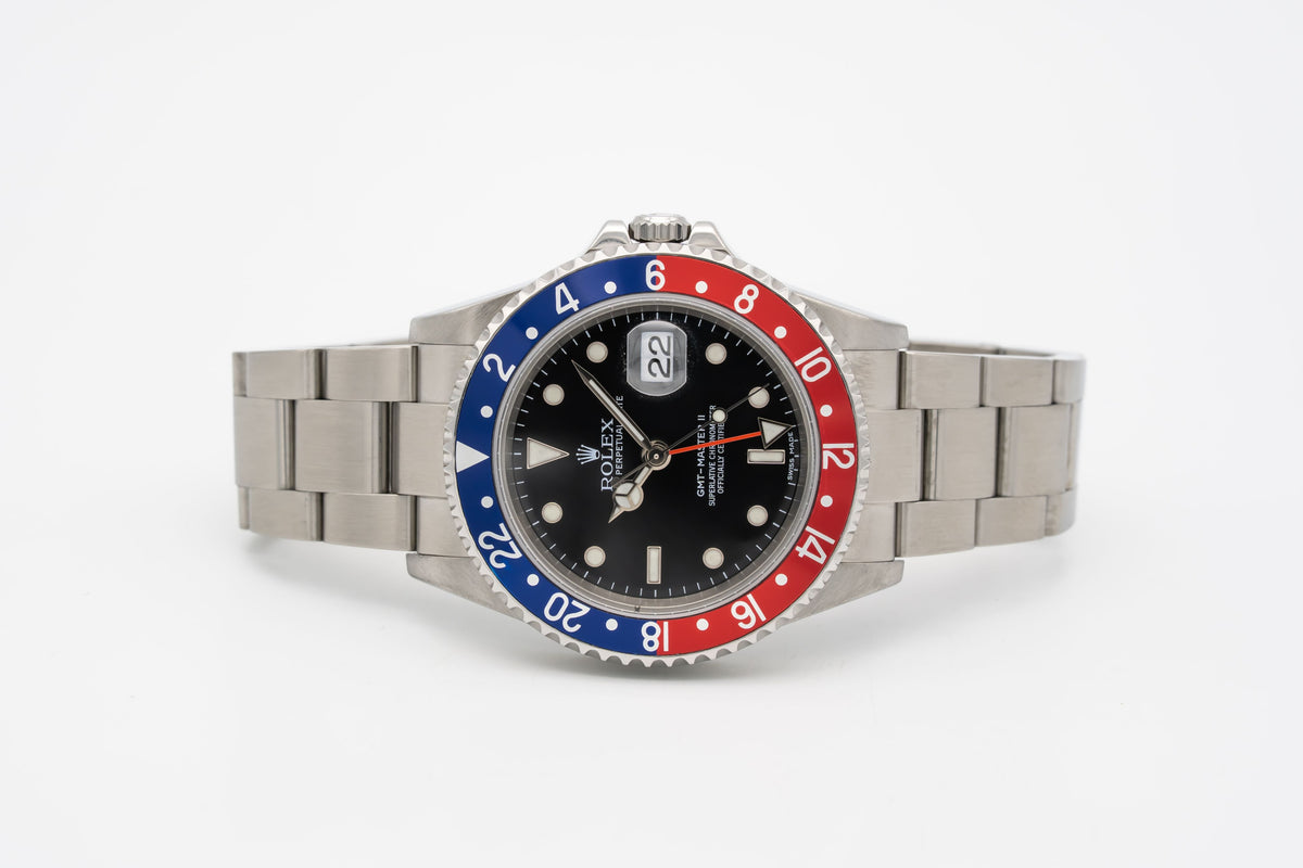 Rolex GMT-Master II 16710 Pepsi Rare Stick Dial Stahl Automatik 40mm Papers